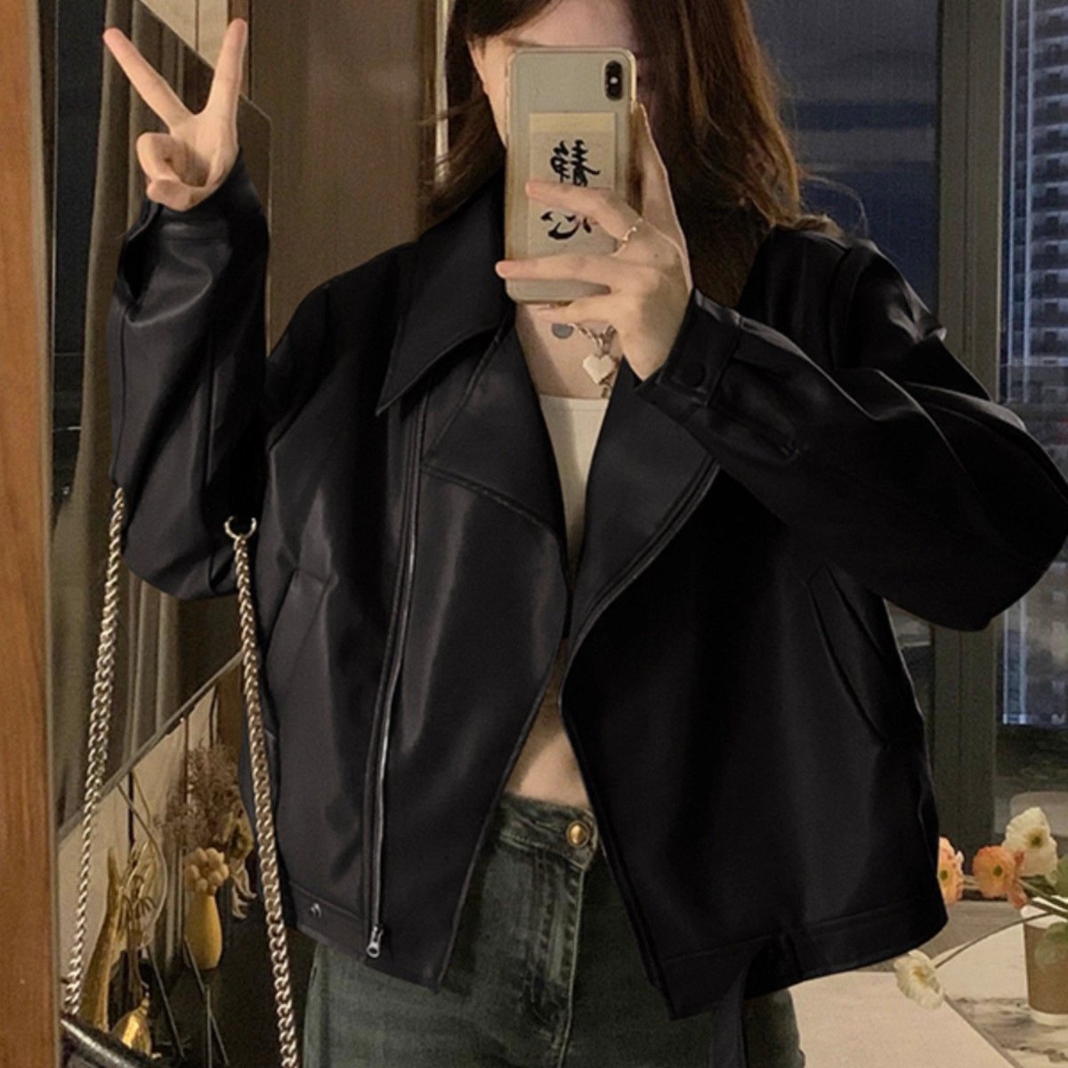 レディース トップス ジャケット 長袖 ゆったり 秋冬 秋 体型カバー 大きいサイズ ショート 冬 レザー 襟付き ストリート カフェ ストレッチ レギュラー ポリエステル