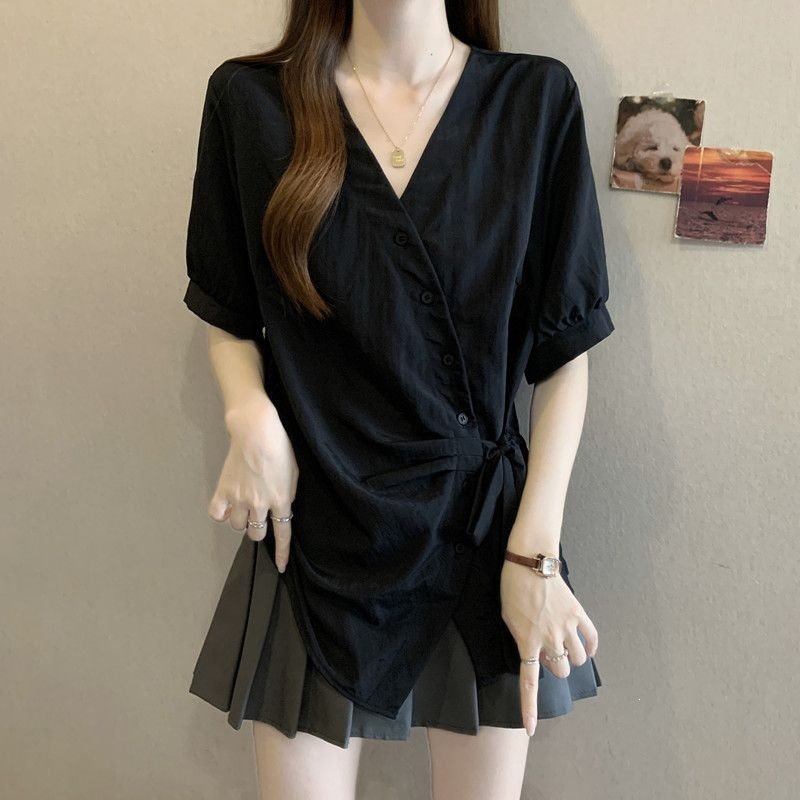 レディース シャツ トップス Tシャツ 半袖 無地 スリム 春夏 きれいめ 通勤 大きいサイズ 前開き Vネック 春 夏 シンプル リボン 個性的 レギュラー ボタン ポリエステル