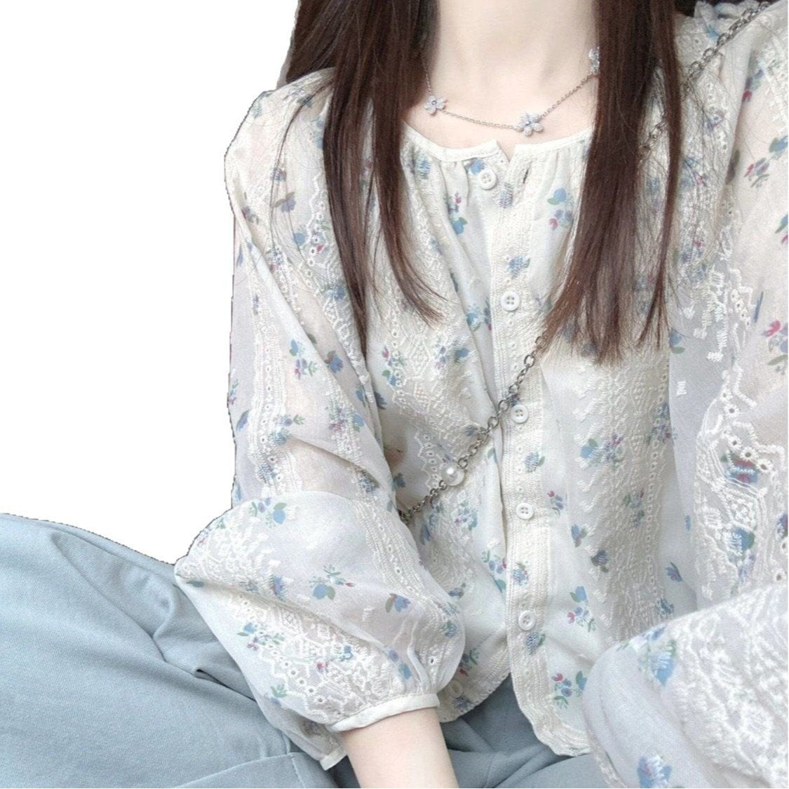 レディース ブラウス シャツ 長袖 花柄 ゆったり 春夏 きれいめ 体型カバー 前開き 春 夏 ラウンドネック フラワー シンプル 上品 シフォン シフォンブラウス レギュラー ボタン ポリエステル
