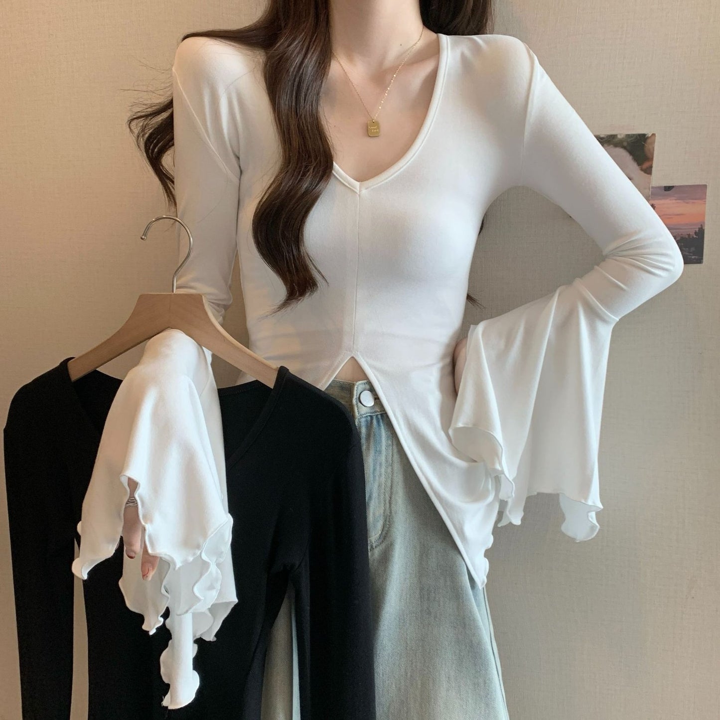 レディース Tシャツ 長袖 無地 スリム 春 秋冬 カジュアル 春夏 Vネック 膝丈 秋 シンプル 冬 シャツ 切り替えデザイン