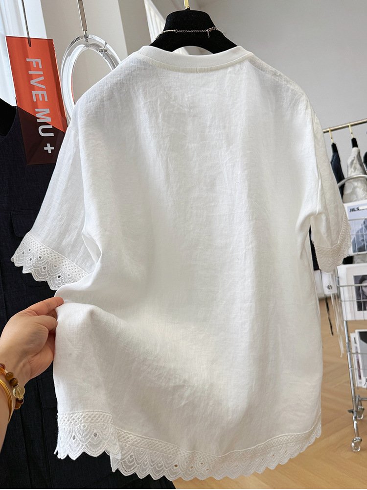 レディース トップス Tシャツ 半袖 プリント ゆったり リネン 春夏 カジュアル きれいめ 春 夏 膝丈 ラウンドネック レース 上品 シャツ 薄手