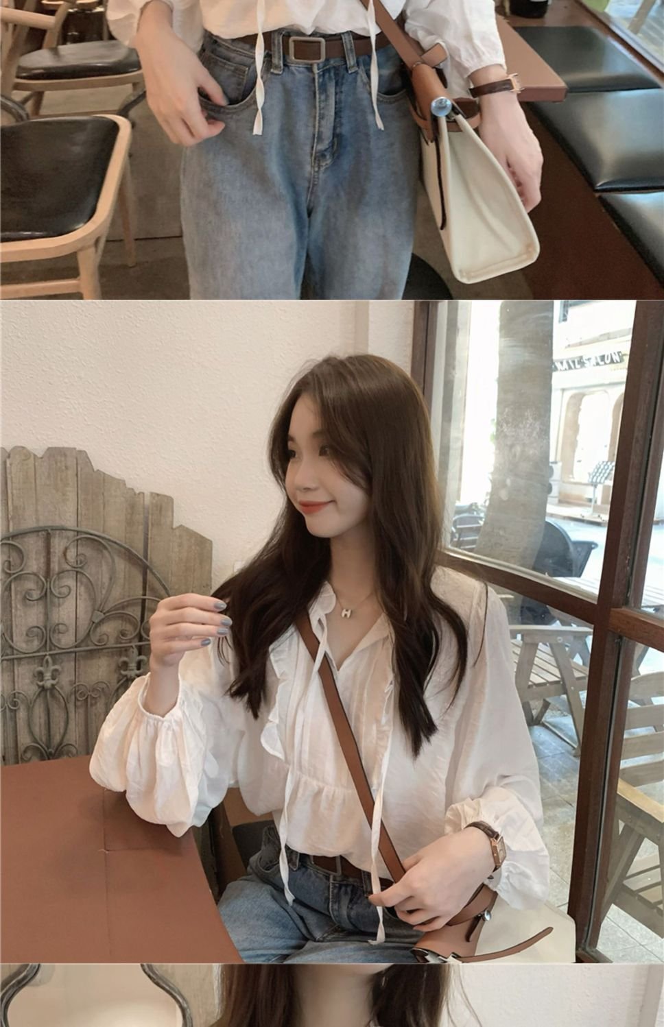 レディース ブラウス シャツ 長袖 春夏 カジュアル きれいめ おしゃれ 韓国風 前開き Vネック 春 夏 膝丈 上品 シフォン パフスリーブ シフォンブラウス ポリエステル