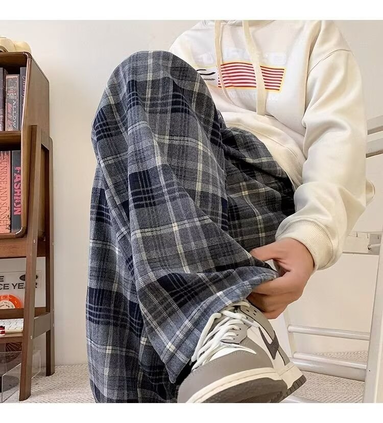 パンツ チェック柄 ワイド 春 秋冬 カジュアル 秋 冬 ストレート ヴィンテージ ポリエステル