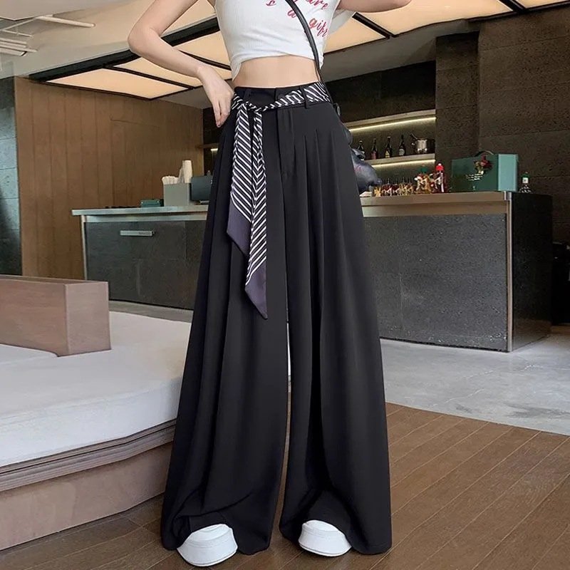 レディース パンツ ワイド 春夏 カジュアル 春 夏 ロング ワイドパンツ 薄手 テーパード ハイウエスト スカーフ スーツ ストレッチ
