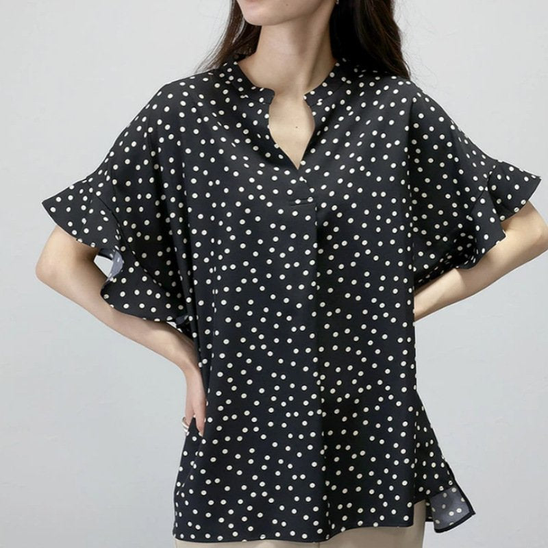 レディース ブラウス シャツ トップス 半袖 ゆったり 春夏 きれいめ 通勤 オフィス 前開き Vネック 春 夏 上品 シフォン 水玉 シフォンブラウス ポリエステル ドット