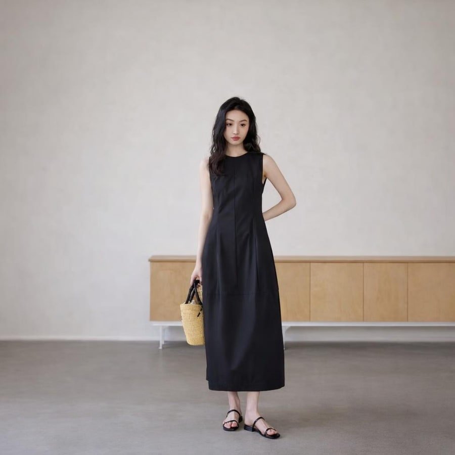 ワンピース ノースリーブ 無地 春夏 きれいめ 袖なし 春 白 夏 ラウンドネック シンプル ミモレ ロング 上品 ブラック