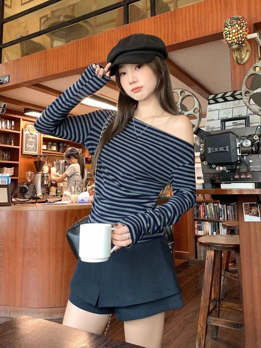 レディース トップス Tシャツ 長袖 ボーダー ストライプ チェック柄 スリム 秋冬 秋 きれいめ 通勤 オフィス 膝丈 タイト 冬 ブラック 細身 ロング グレー シャツ オフショルダー タイ ポリエステル 着痩せ