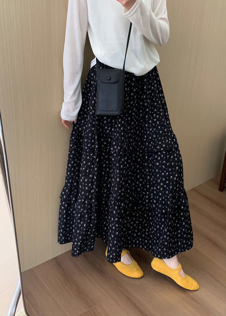 レディース スカート 花柄 スリム 春夏 ボトムス 春 夏 ブラック ロング Aライン ハイウエスト タイ