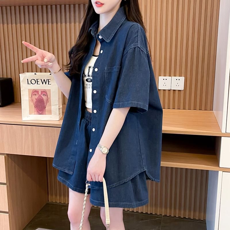 シャツ パンツ ゆったり デニム 春夏 カジュアル 大きいサイズ 前開き 春 夏 ハーフ セットアップ ポリエステル
