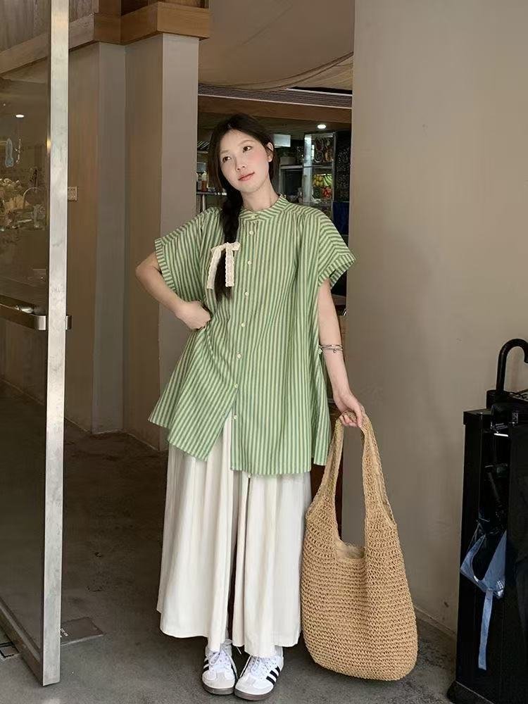 レディース シャツ トップス パンツ ボーダー ストライプ 無地 ゆったり 春夏 カジュアル きれいめ レトロ 前開き ミニ 春 夏 シンプル 上品 ロング 切り替えデザイン スーツ フェミニン タイ アプリコット セットアップ グリーン ポリエステル
