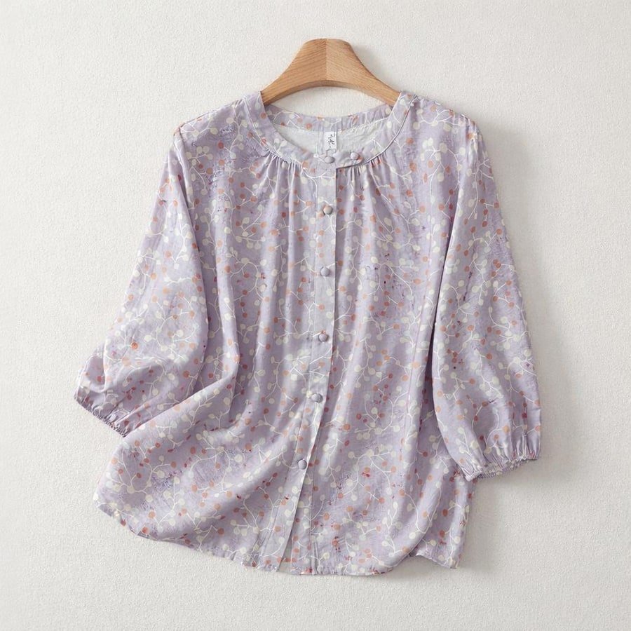 レディース シャツ トップス Tシャツ ドット柄 プリント コットン 綿 麻 春夏 カジュアル きれいめ 通勤 前開き デニム 春 夏 エレガント 立ち襟 ドット