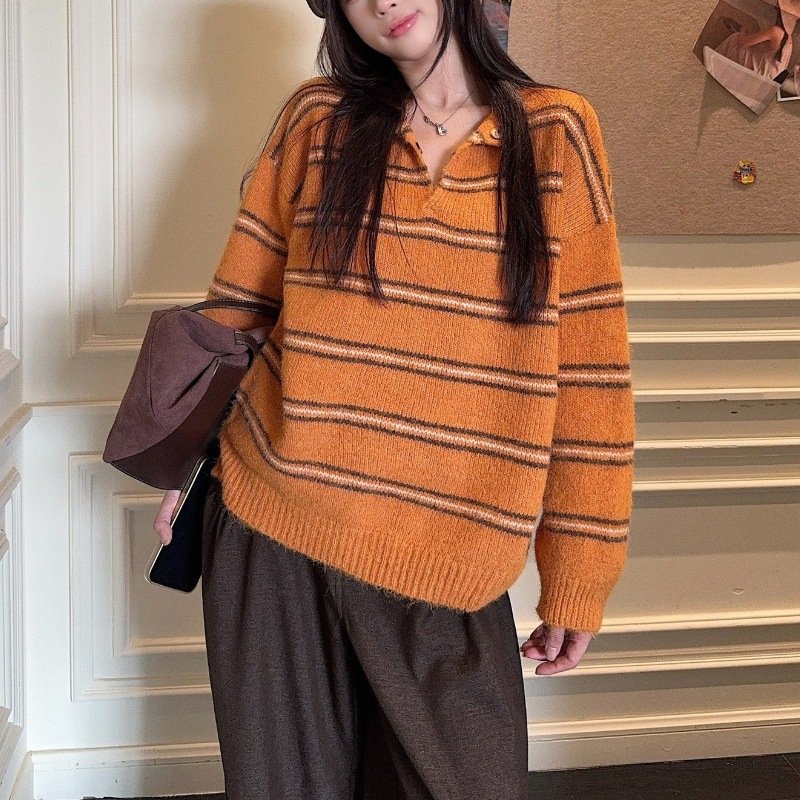レディース ニット 長袖 ボーダー ストライプ チェック柄 ゆったり 秋冬 秋 ミニ 膝丈 冬 セーター ゆる プルオーバー 襟付き バイカラー フェミニン タイ ポリエステル