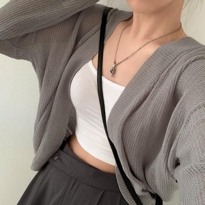 レディース ニット カーディガン コート 長袖 無地 ゆったり きれいめ 体型カバー ショート シンプル 上品 薄手 サマーニット ストレッチ
