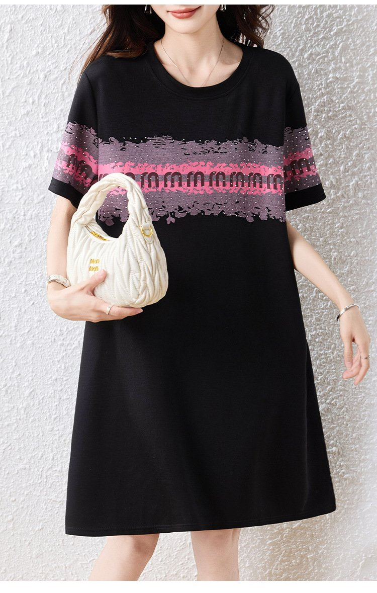 ワンピース ドレス 半袖 春夏 きれいめ レトロ 春 夏 黒 ラウンドネック ミモレ 上品 大きい