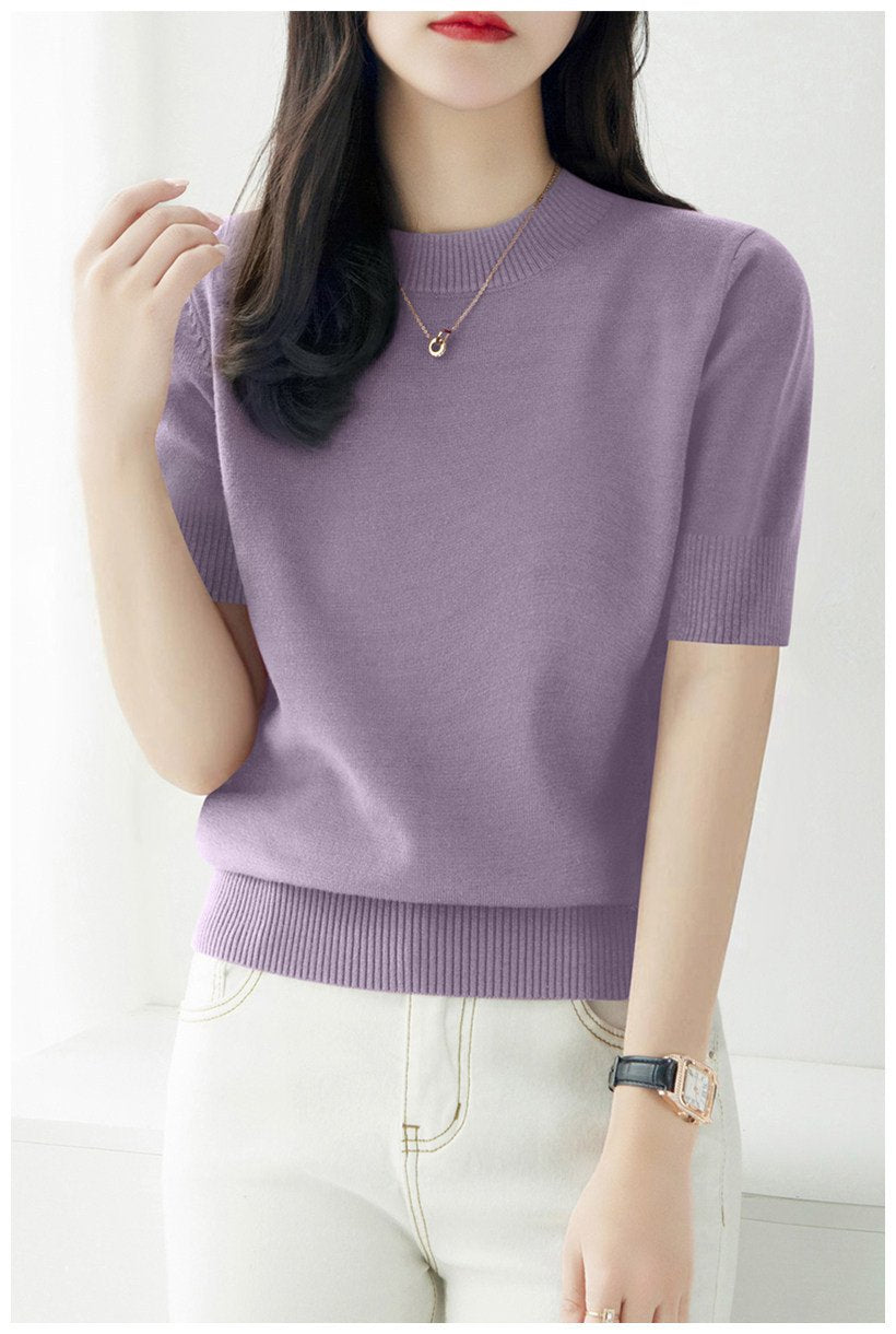 レディース トップス Tシャツ ニット 半袖 長袖 無地 ゆったり 春夏 きれいめ 通勤 オフィス 体型カバー おしゃれ 春 夏 ラウンドネック シンプル シャツ プルオーバー ブルー ストレッチ インナー レギュラー