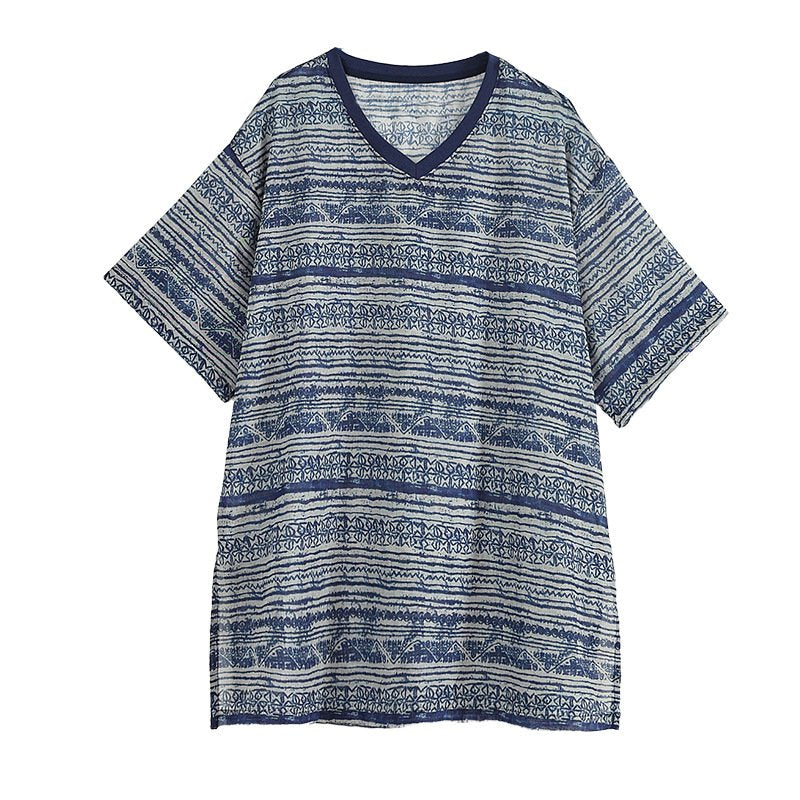 レディース トップス Tシャツ 半袖 プリント ゆったり 春夏 きれいめ 体型カバー 大きいサイズ Vネック 春 夏 上品 シャツ エスニック 襟付き レギュラー ポリエステル