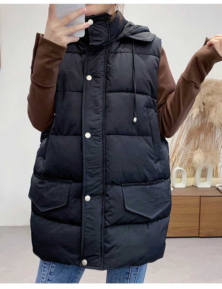 レディース ベスト ジャケット 無地 ゆったり コットン 綿 秋冬 秋 きれいめ 体型カバー 膝丈 シンプル 冬 上品 厚手 フード 中綿 ポリエステル