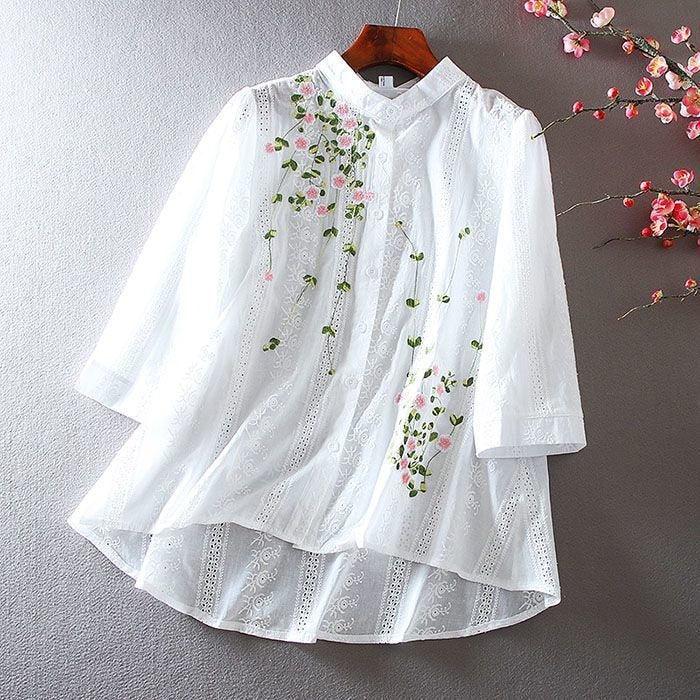 レディース シャツ トップス 春夏 カジュアル 前開き 春 夏 レース 刺繍 ハイネック フリル スタンドカラー レギュラー ボタン ポリエステル 立ち襟