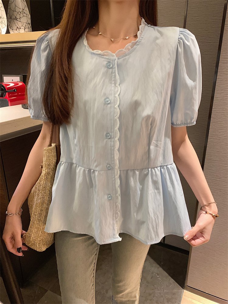 レディース シャツ 半袖 無地 春夏 レトロ 前開き 春 白 夏 ラウンドネック シンプル パフスリーブ レギュラー ポリエステル 白シャツ
