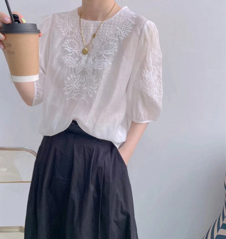 レディース シャツ トップス 長袖 ゆったり 夏 きれいめ 通勤 春夏 前開き ラウンドネック 刺繍 上品 薄手 切り替えデザイン ポリエステル