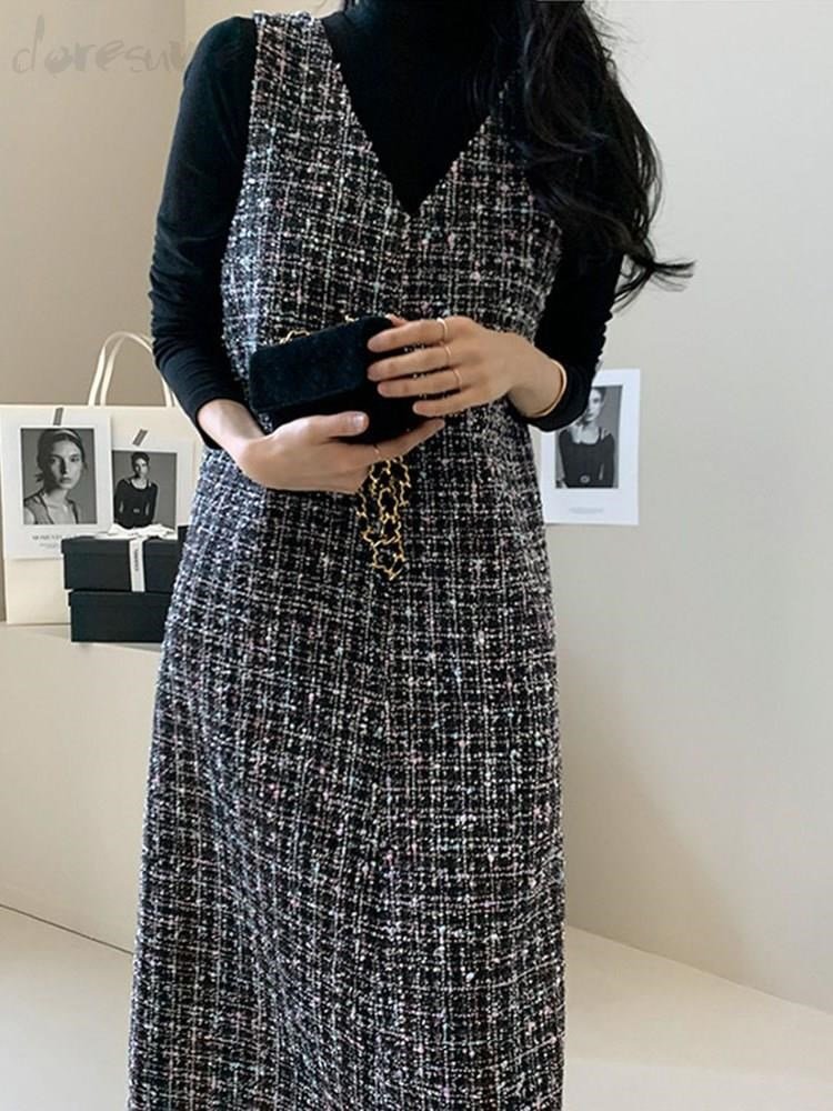 ワンピース ノースリーブ ボーダー ストライプ チェック柄 春 秋 カジュアル きれいめ 通勤 春夏 袖なし Vネック ロング 切り替えデザイン