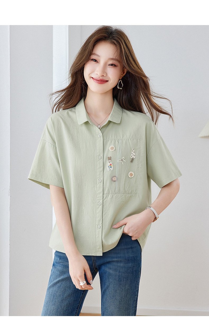 レディース シャツ トップス 半袖 ゆったり コットン 綿 春夏 カジュアル 体型カバー 前開き 春 白 夏 膝丈 刺繍 切り替えデザイン 襟付き ボタン