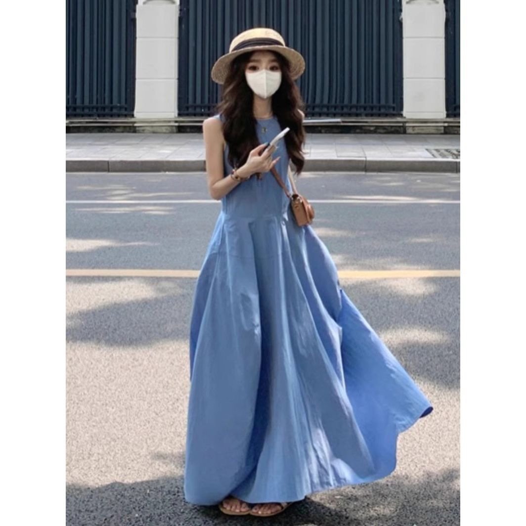 ワンピース ドレス ノースリーブ 無地 スリム 春夏 袖なし 春 夏 ラウンドネック シンプル リゾート ロング タイト 細身 エレガント