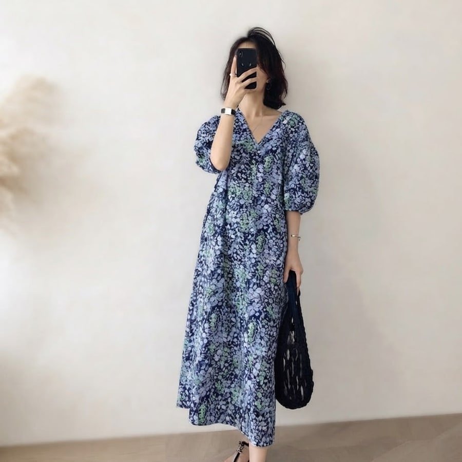 ワンピース 長袖 花柄 無地 春夏 Vネック 春 白 夏 シンプル ロング パフスリーブ