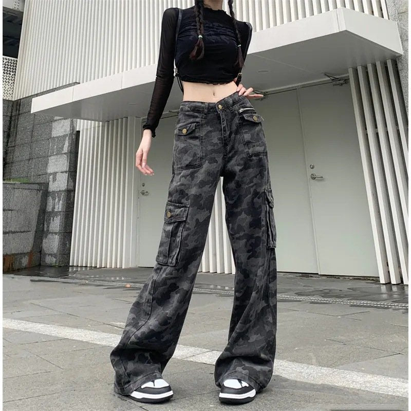 レディース パンツ ゆったり ワイド 春夏 アメリカン 春 夏 スリム ストレート ハイウエスト 迷彩