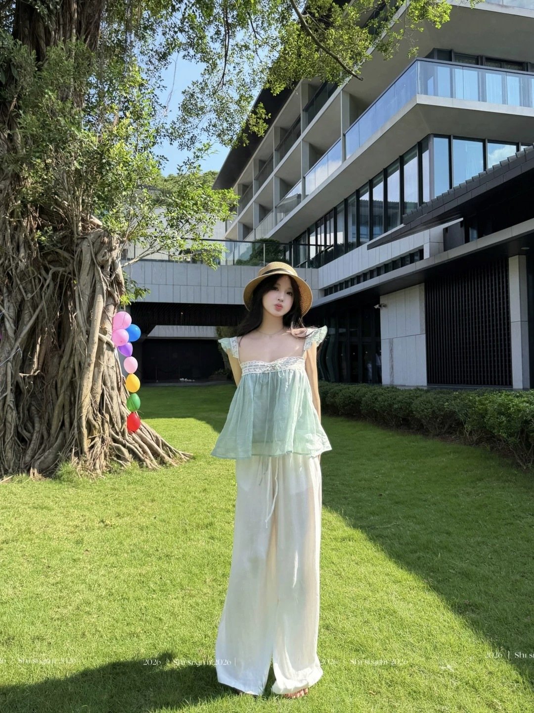 レディース トップス ゆったり スリム 春夏 きれいめ 通勤 オフィス 体型カバー 春 夏 レース ブルー キャミソール タイ グリーン レギュラー ポリエステル