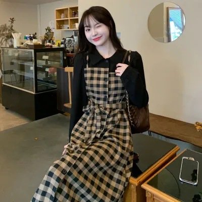 ワンピース 長袖 チェック柄 春 秋 レトロ 春夏 ぽっちゃり 襟付き