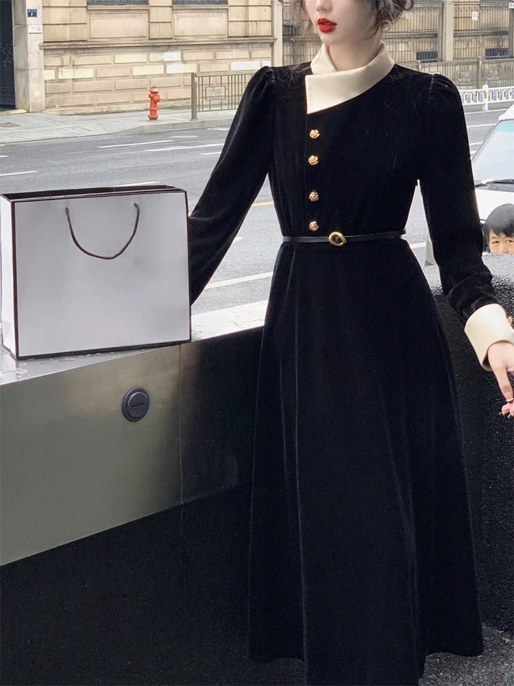 レディース ワンピース 膝下 ミモレ ロング 長袖 襟付き Aライン フェミニン コンサバ 切り替えデザイン バイカラー 配色 かわいい 大人可愛い きれいめ シンプル 上品 おしゃれ こなれ感 クール エレガント 存在感 かっちり 都会的 クラシカル シック 無地 秋 冬 誕生日 会議 ミーティング ママ オフィス OL 通勤 デート お出かけ イベント レストラン 女子会 休日 ホテル ショッピング コンサート カフェ 婚活 コーデ 体型カバー 清楚 4XL 大きいサイズ 黒 ブラック 大人カラー