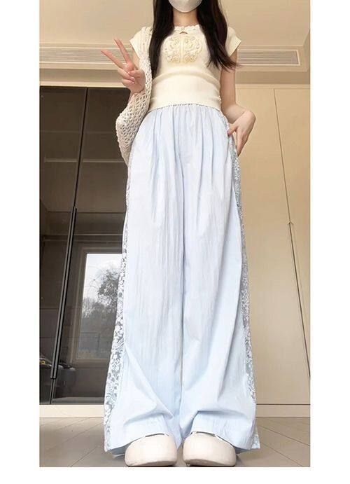 レディース パンツ ゆったり ワイド 春夏 カジュアル 大きいサイズ 春 夏 レース スリム ロング ワイドパンツ 薄手 切り替えデザイン 速乾 ポリエステル