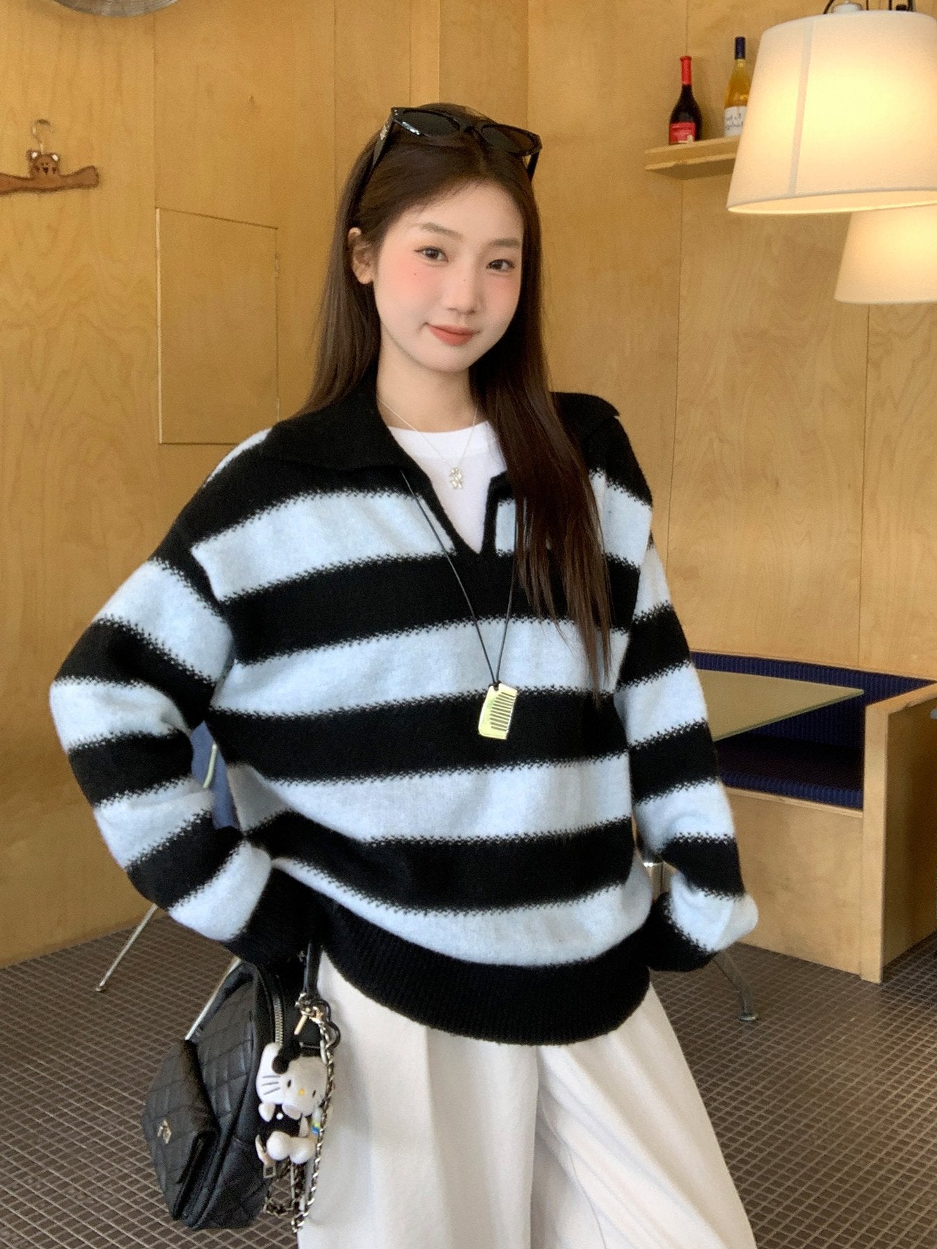 レディース ニット 長袖 ボーダー ストライプ チェック柄 ゆったり 秋冬 秋 カジュアル 体型カバー 膝丈 冬 セーター プルオーバー 襟付き 配色