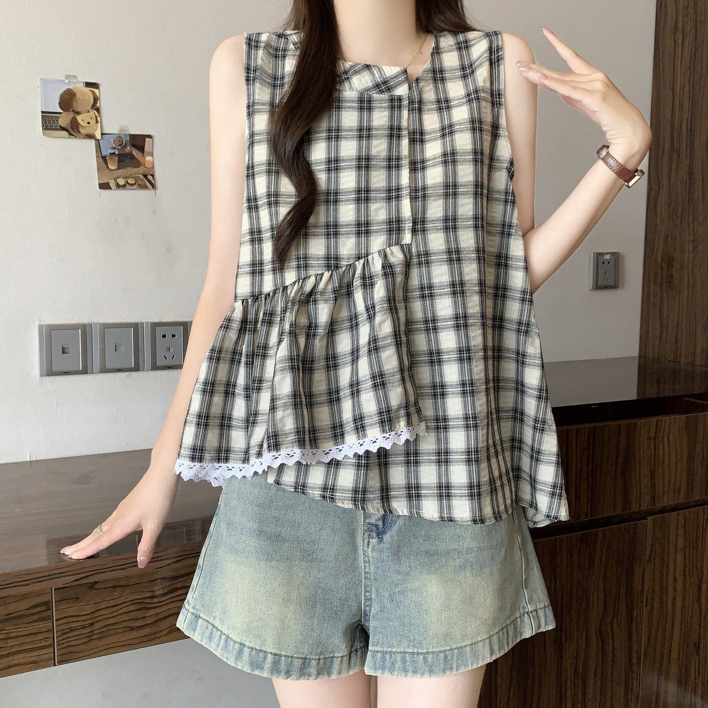 レディース シャツ チェック柄 春夏 きれいめ 大きいサイズ 前開き 春 夏 レース 上品 フリル Aライン レギュラー ポリエステル
