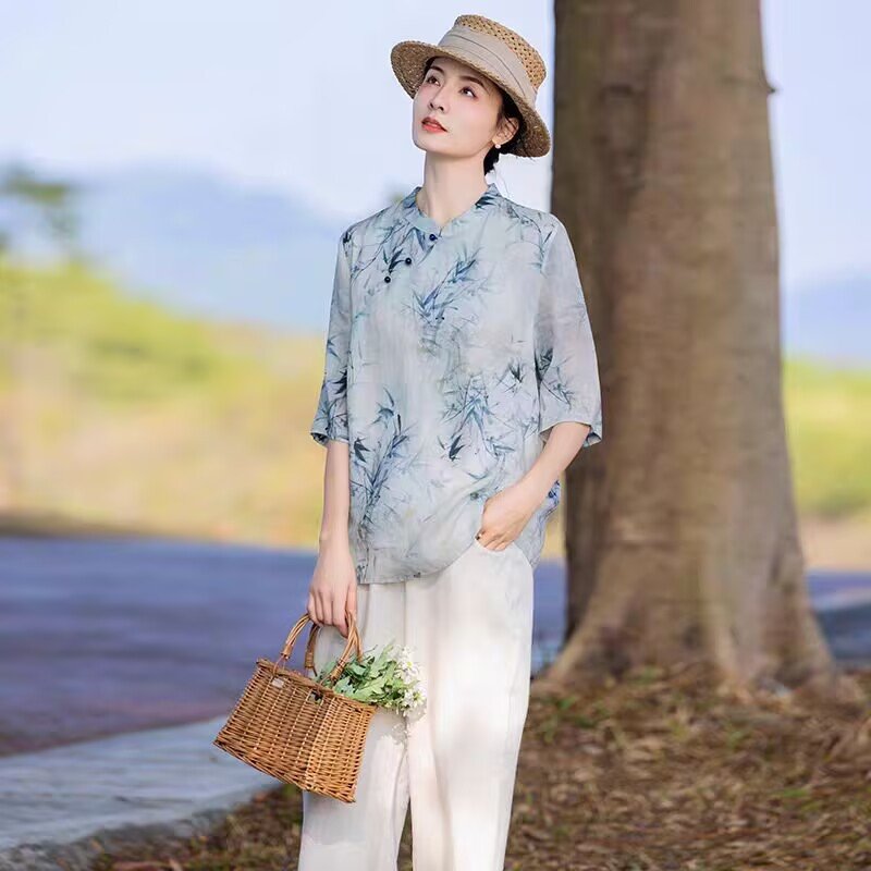 レディース シャツ トップス プリント 麻 春夏 前開き 春 ショート 夏 切り替えデザイン ストレッチ 立ち襟
