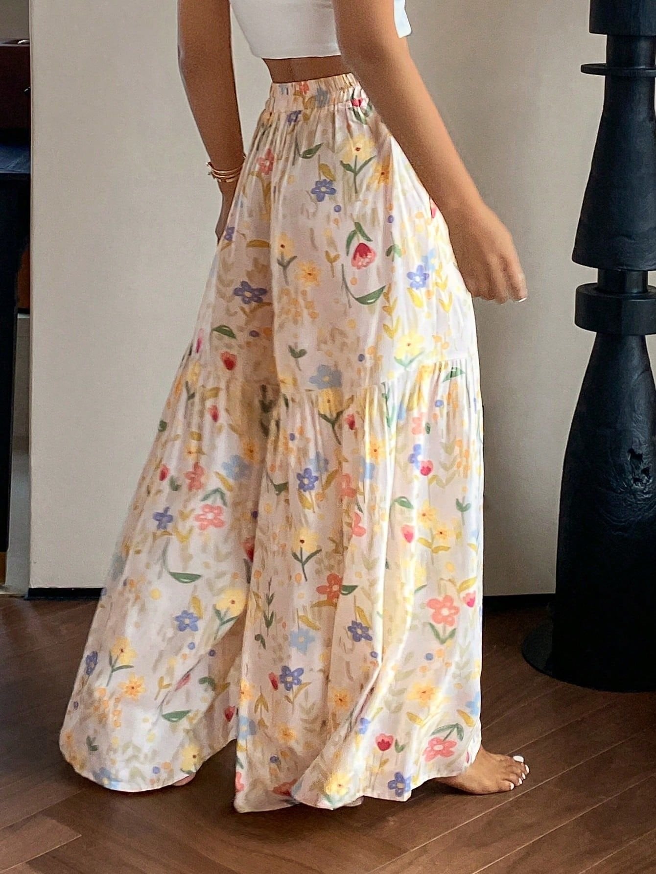 レディース パンツ ボーダー ストライプ プリント ゆったり ワイド 春夏 カジュアル ミニ 春 夏 フラワー スリム ロング ロングパンツ ワイドパンツ 薄手 ハイウエスト フェミニン ストレッチ ポリエステル