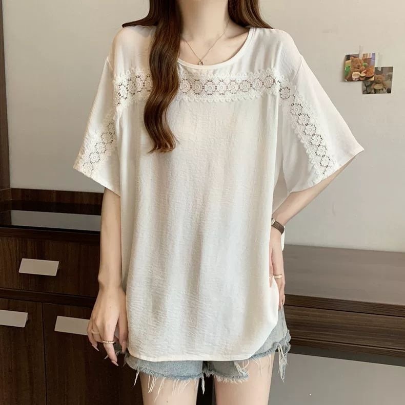 レディース シャツ トップス Tシャツ 半袖 無地 ゆったり 春夏 きれいめ 通勤 大きいサイズ おしゃれ 体型カバー 前開き 春 夏 ラウンドネック タイト レース シンプル 細身 シフォン タイ 都会的 レギュラー 着痩せ