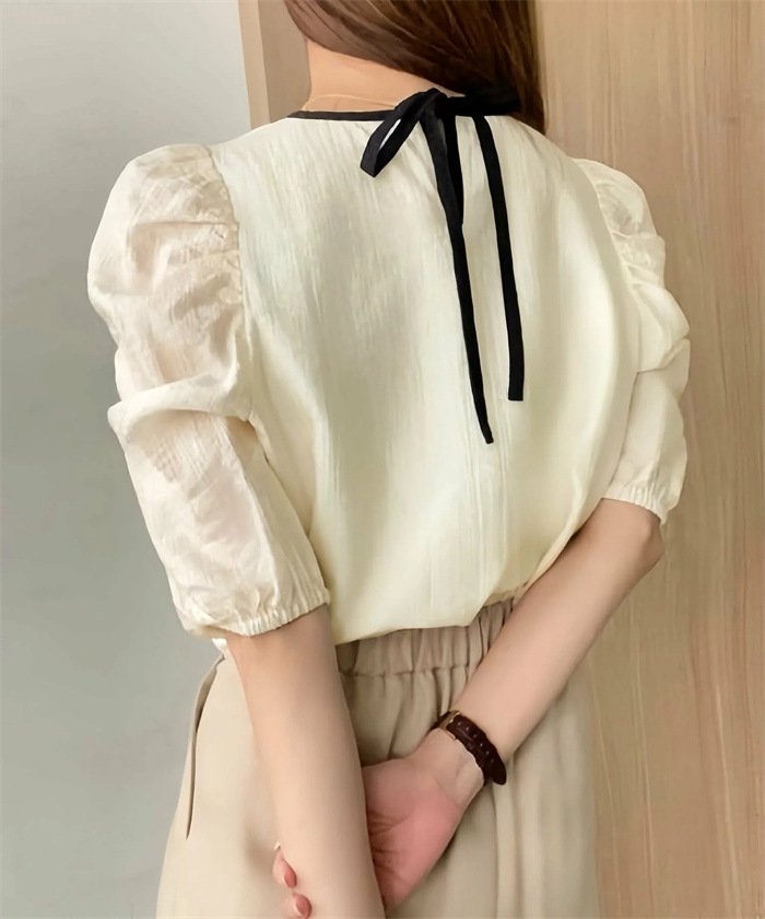 レディース シャツ トップス 半袖 ゆったり 春夏 カジュアル 前開き 春 夏 ラウンドネック タイト 細身 シフォン パフスリーブ 切り替えデザイン タイ レギュラー 柔らかい 着痩せ
