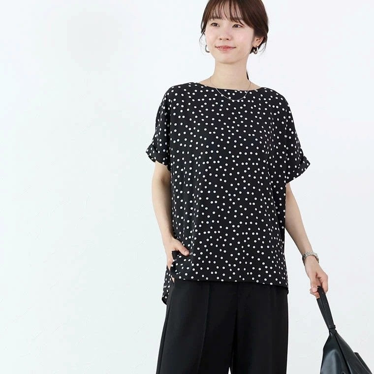 レディース シャツ トップス 半袖 ドット柄 ゆったり スリム 春夏 きれいめ 通勤 前開き Vネック 春 夏 プルオーバー 都会的 レギュラー ポリエステル 丸首 ドット