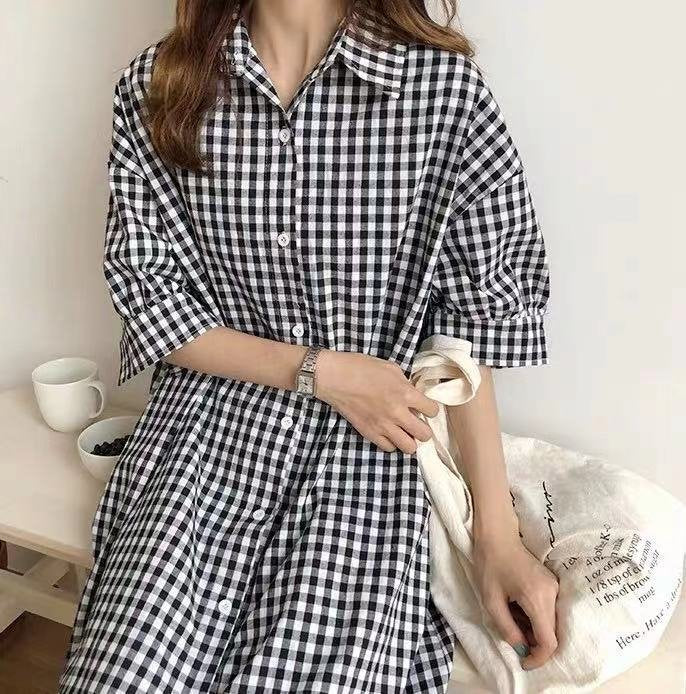 ワンピース 半袖 チェック柄 春夏 春 夏 膝下 ロング コットン アクリル