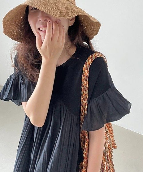 ワンピース 長袖 無地 夏 秋 春夏 プリーツ 韓国ファッション ラウンドネック シンプル リゾート 冬 ロング フリル