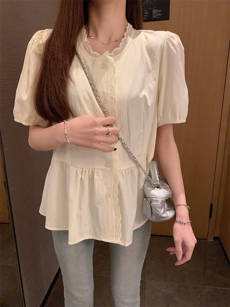 レディース シャツ 半袖 無地 春夏 レトロ 前開き 春 白 夏 ラウンドネック シンプル パフスリーブ レギュラー ポリエステル 白シャツ