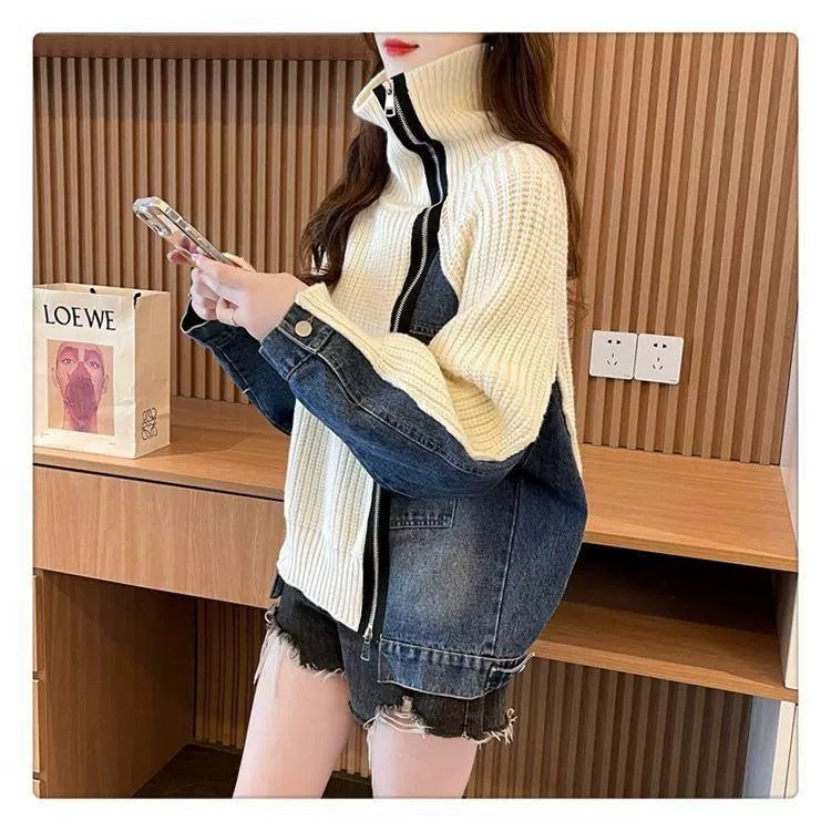 レディース ニット カーディガン コート 長袖 ゆったり デニム 秋 体型カバー 膝丈 セーター 襟付き ファスナー
