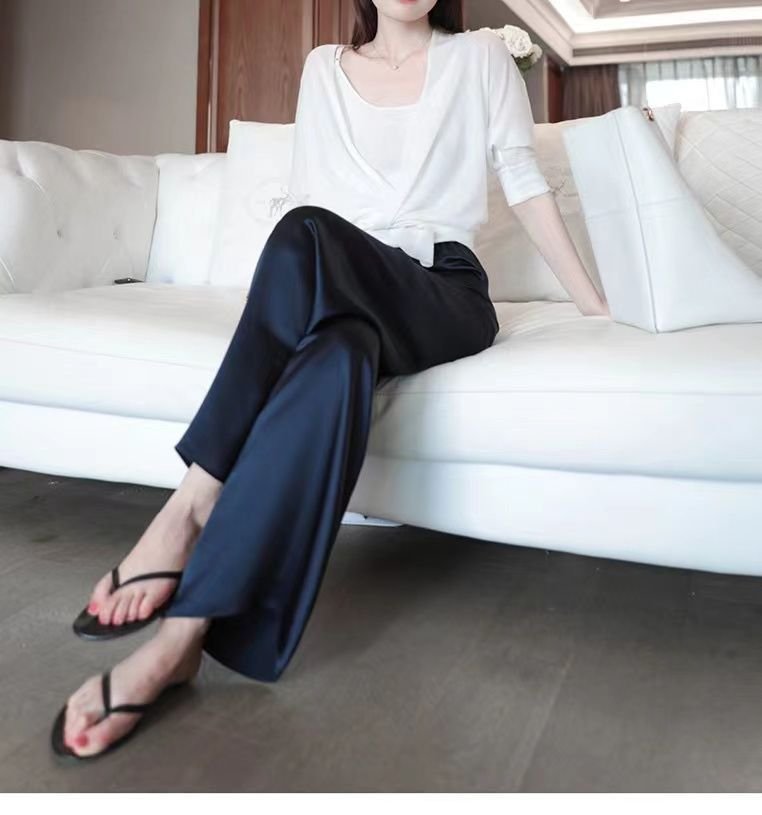 レディース パンツ 無地 ゆったり ワイド 春夏 カジュアル 春 夏 シンプル ストレートパンツ ロング ストレート ロングパンツ 薄手 サテン ハイウエスト 光沢 ポリエステル