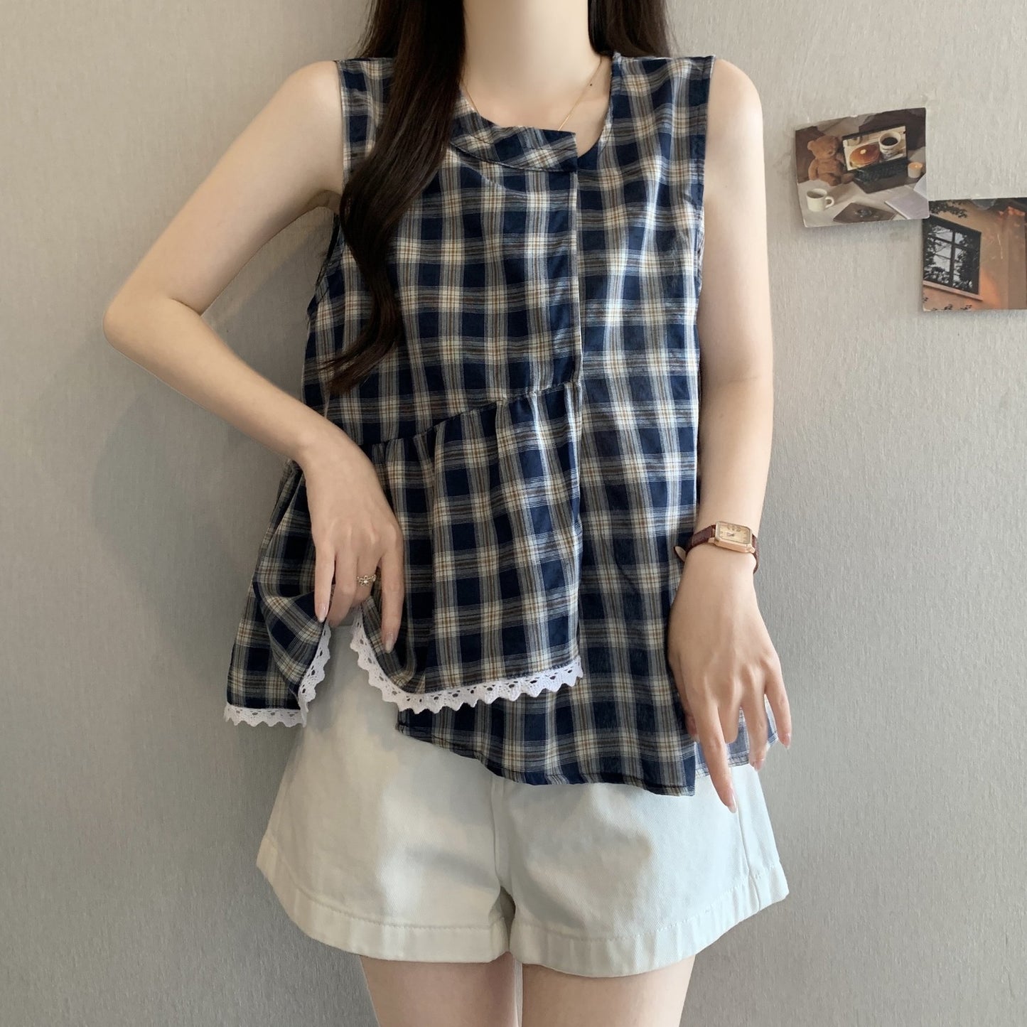 レディース シャツ チェック柄 春夏 きれいめ 大きいサイズ 前開き 春 夏 レース 上品 フリル Aライン レギュラー ポリエステル