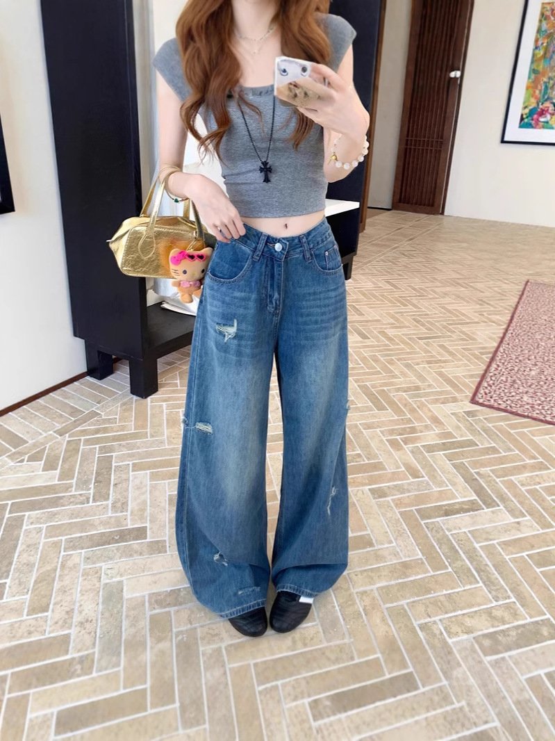レディース パンツ ゆったり ワイド コットン 綿 デニム 春夏 カジュアル 春 夏 ロング デニムパンツ ブルー ハイウエスト ストレッチ ダメージ
