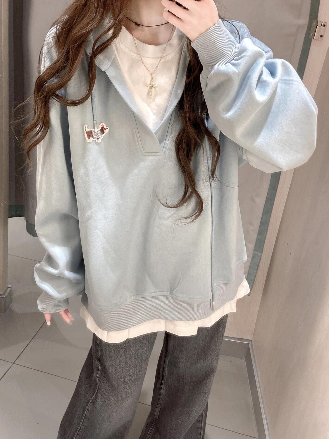 レディース プルオーバー パーカー トレーナー 長袖 Vネック フード ストリート 刺? かわいい 大人可愛い シンプル カジュアル おしゃれ こなれ感 ラフ メンズライク 個性的 主役級 存在感 無地 春 秋 冬 デート お出かけ イベント 旅行 公園 女子会 休日 ショッピング 重ね着 お揃い 韓国 オルチャン コーデ 楽ちん 普段使い 着回し トレンド 流行 M L XL 2XL 水色 ブルー