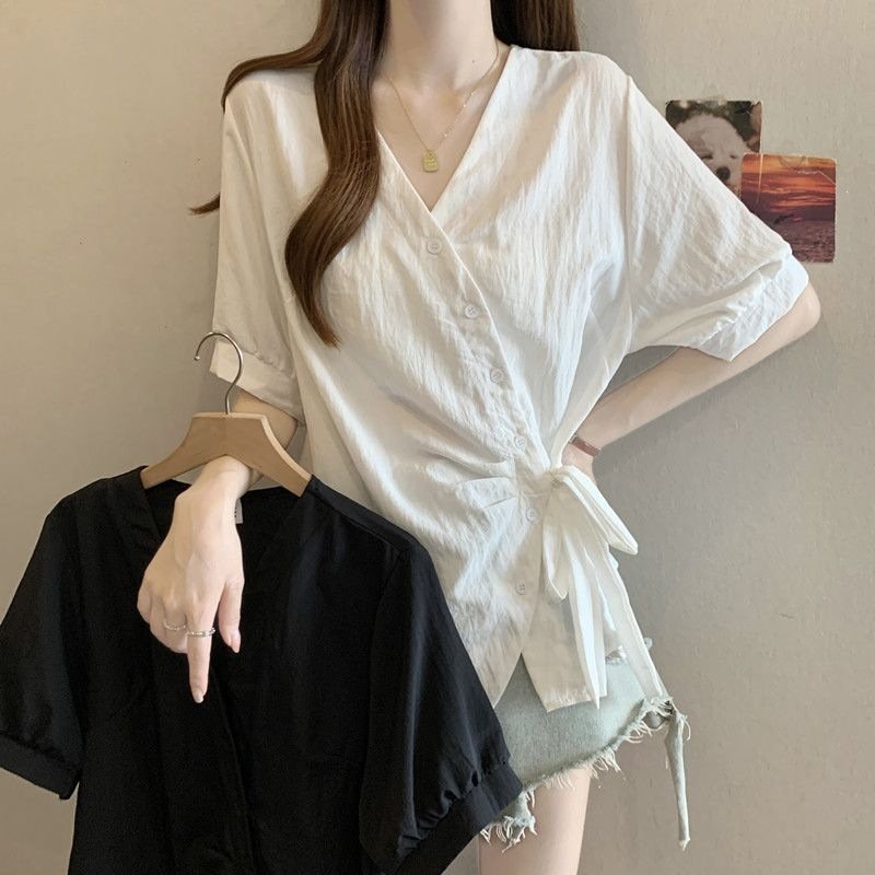 レディース シャツ トップス Tシャツ 半袖 無地 スリム 春夏 きれいめ 通勤 大きいサイズ 前開き Vネック 春 夏 シンプル リボン 個性的 レギュラー ボタン ポリエステル