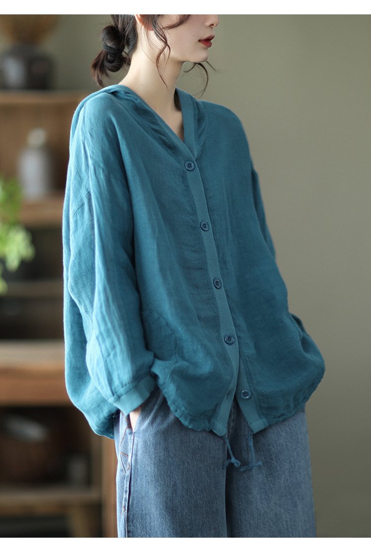 シャツ ジャケット 長袖 ゆったり コットン 綿 リネン 夏 レトロ 体型カバー 春夏 前開き 上品 フード